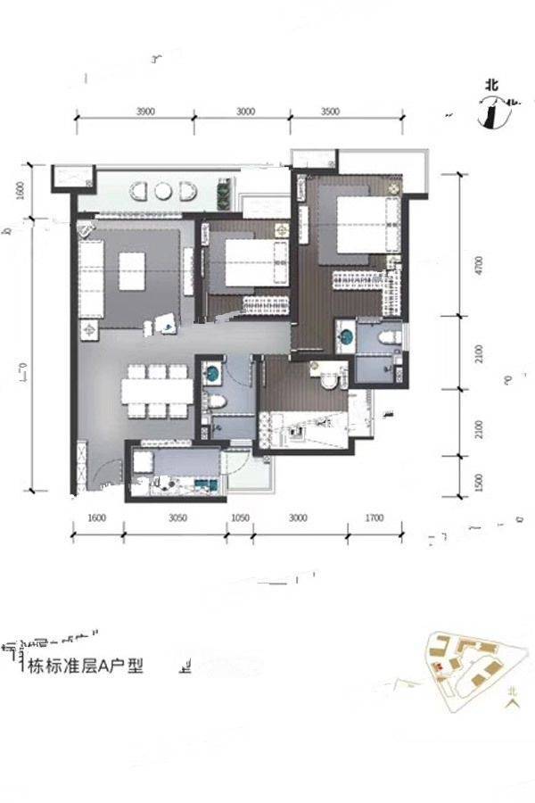 华宇旭辉锦绣广场3室2厅2卫111㎡户型图