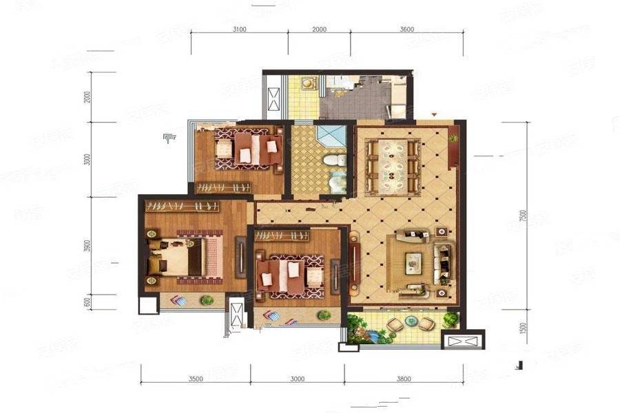 建工梧桐屿3室2厅1卫101㎡户型图