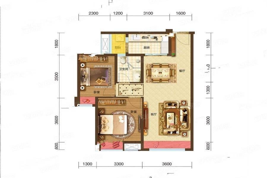 成发紫悦府2室2厅1卫77㎡户型图