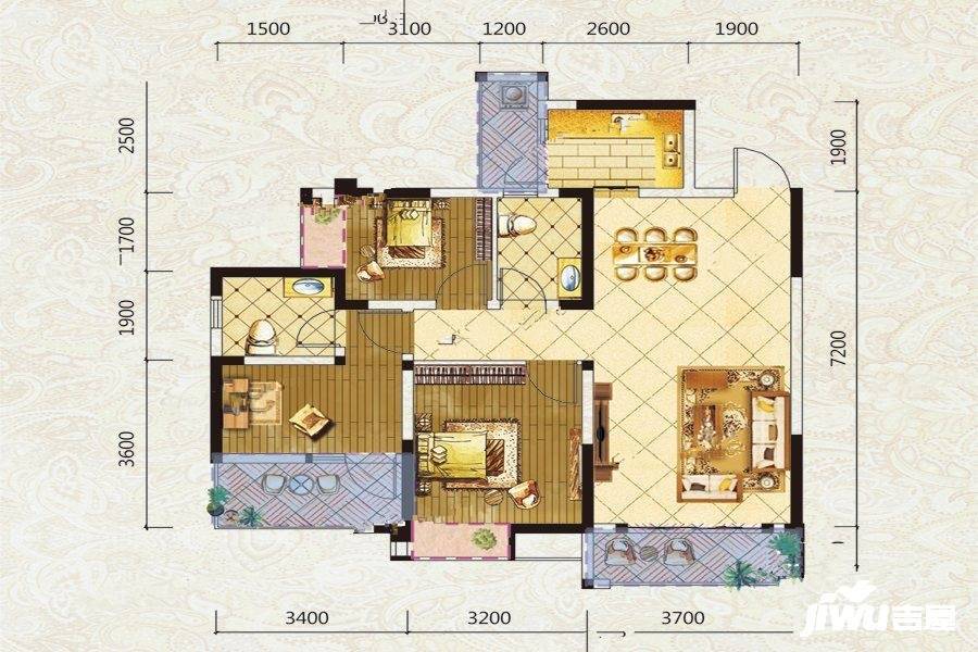 白鹤一号3室2厅2卫98㎡户型图