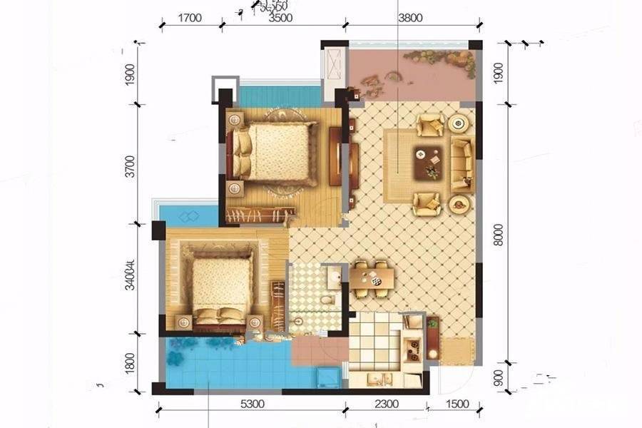 成都嘉和世纪城2室2厅1卫82㎡户型图