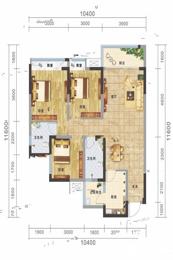 幸福东方白桦林3室2厅2卫104㎡户型图