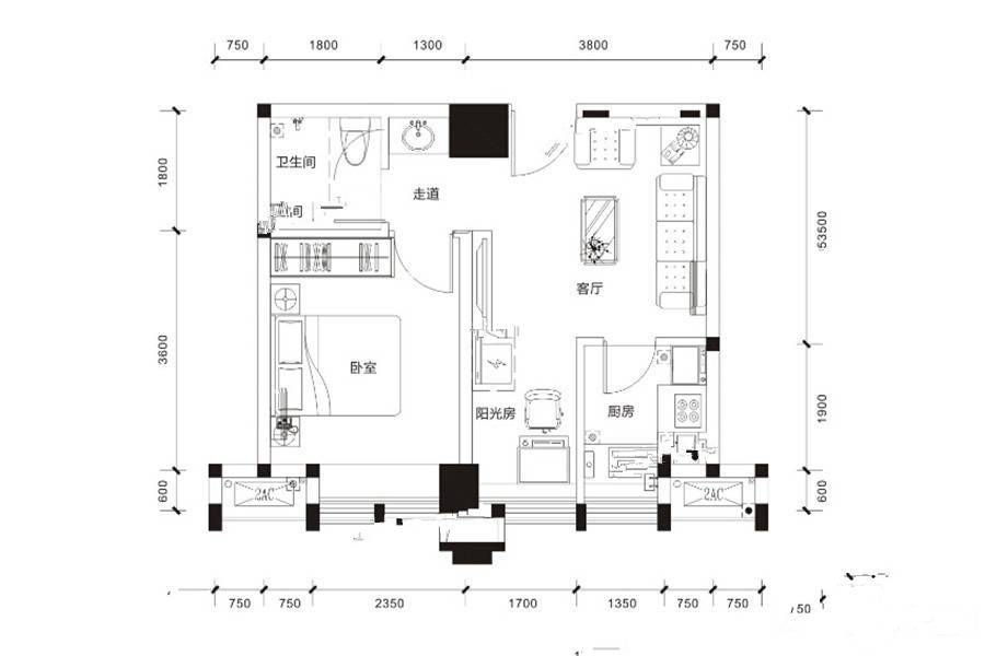 华润二十四城1室1厅1卫50㎡户型图