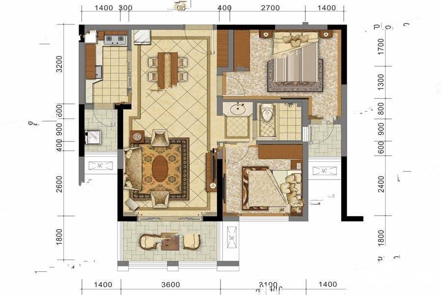 成都后花园梓桐名苑2室2厅1卫82㎡户型图