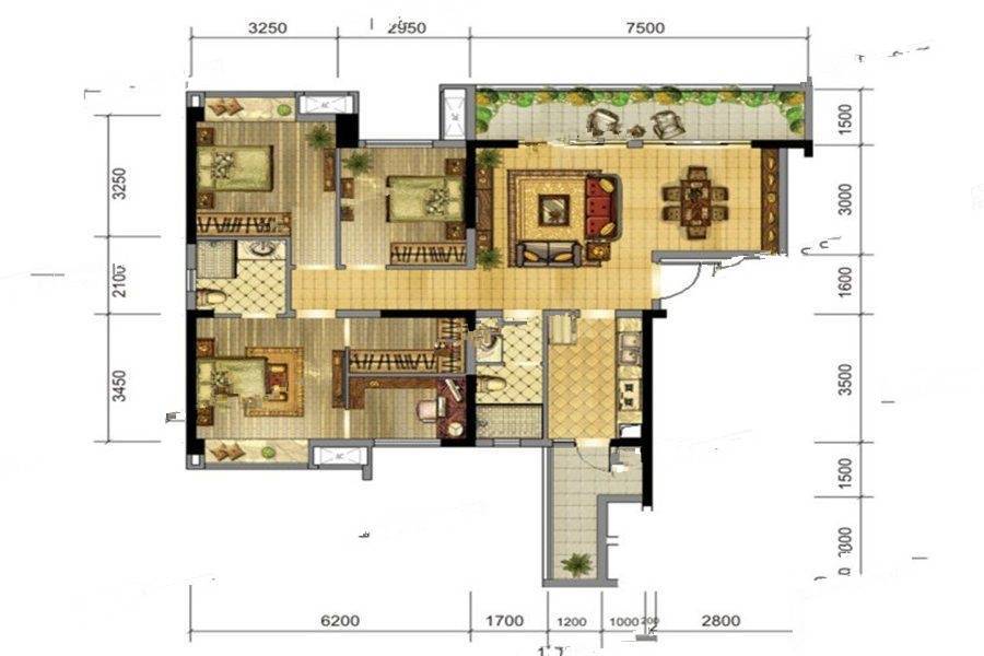 三利麓山城3室2厅2卫127㎡户型图