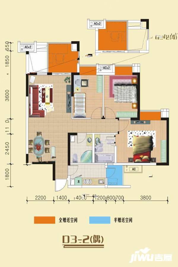 美洲花园棕榈湾3室2厅2卫107.6㎡户型图