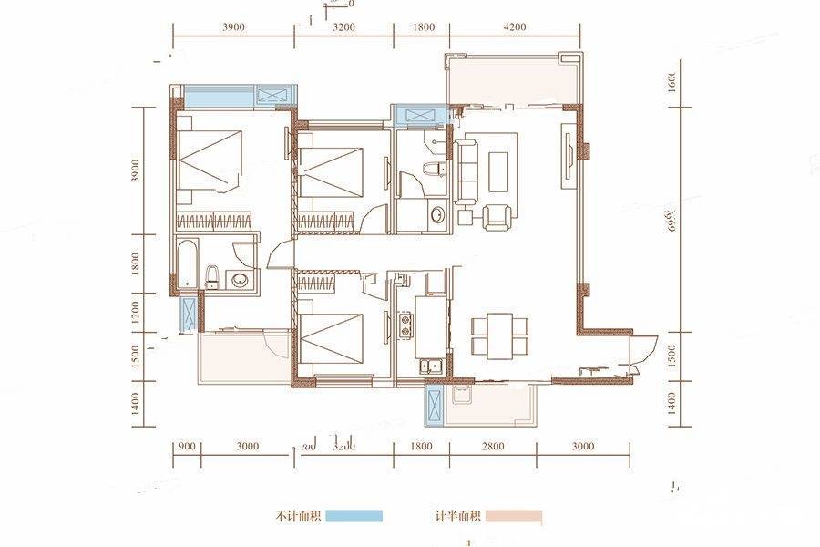 川网国际花园3室2厅2卫130㎡户型图