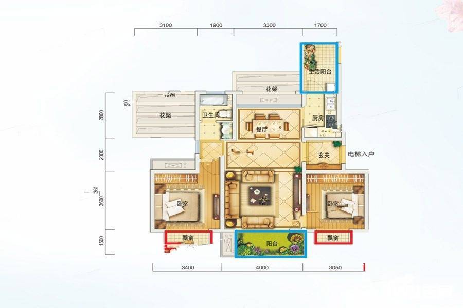 成都融创文旅城2室2厅1卫87㎡户型图