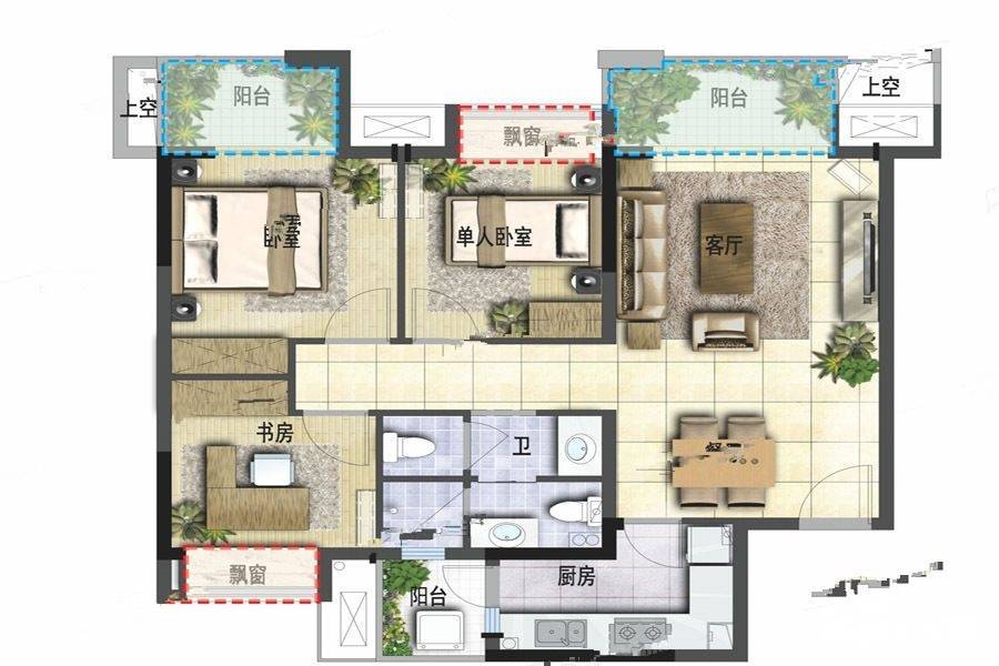 成都融创文旅城3室2厅2卫87.7㎡户型图