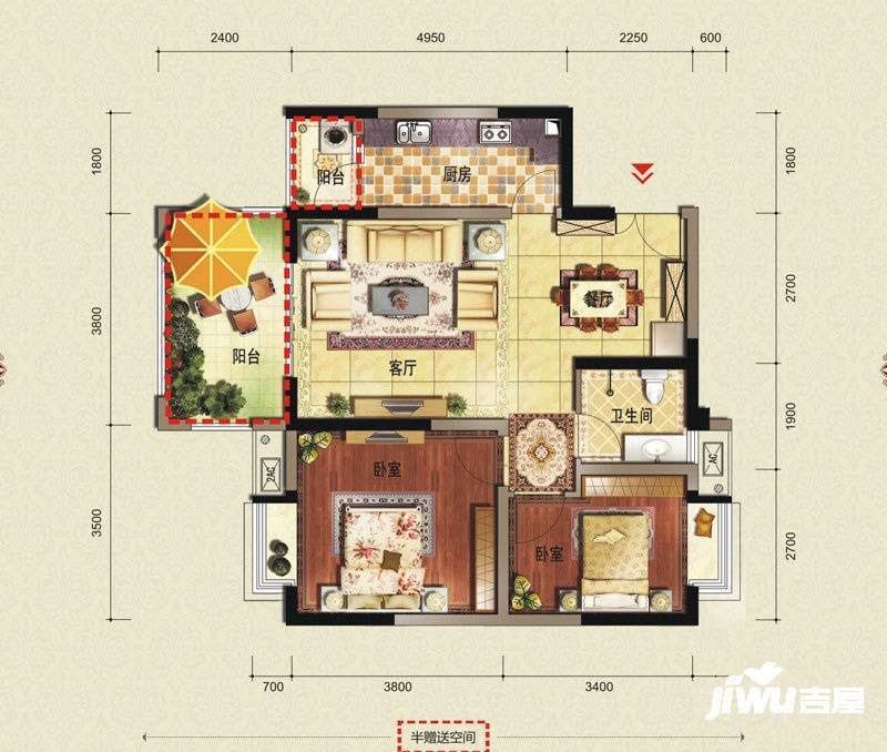 宁江大院2室2厅1卫76.1㎡户型图