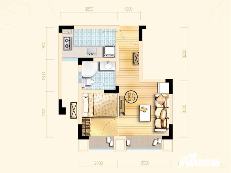 蓝光青城河谷1室1厅1卫36㎡户型图