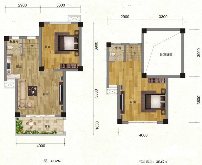 青城上院2室1厅1卫45.7㎡户型图