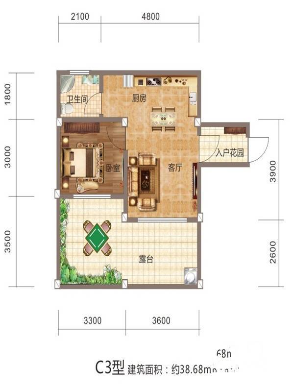 青城山韵1室2厅1卫38.7㎡户型图