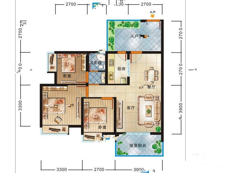 现代生态水城澜岸3室2厅1卫82㎡户型图