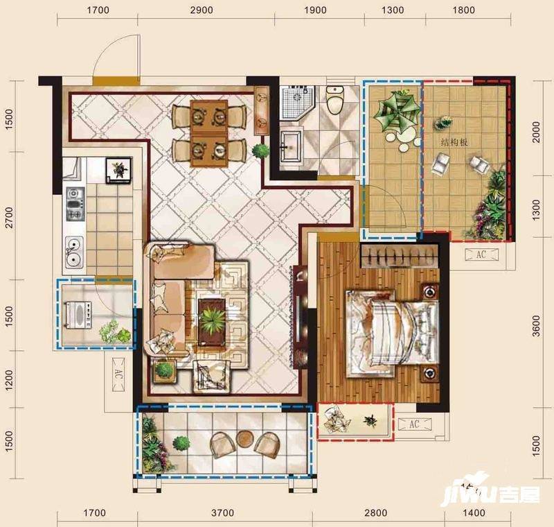 观澜国际2室2厅1卫66.5㎡户型图