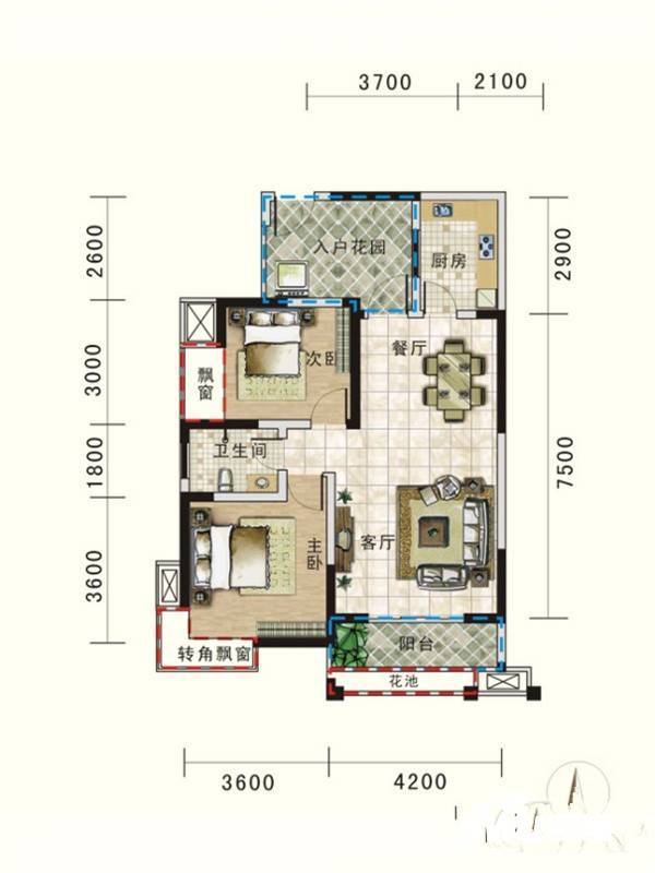 广泽东方威尼斯2室2厅1卫87.3㎡户型图