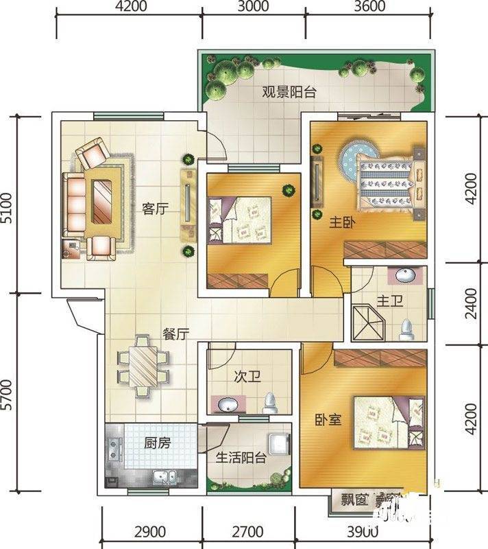 金港上品3室2厅2卫121.3㎡户型图