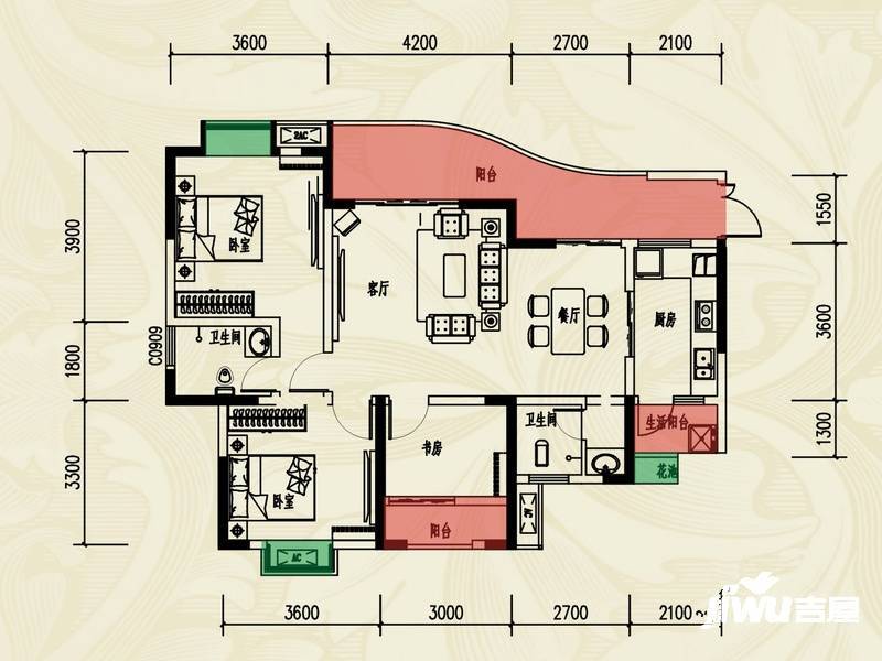 恒合时代城3室2厅2卫107㎡户型图