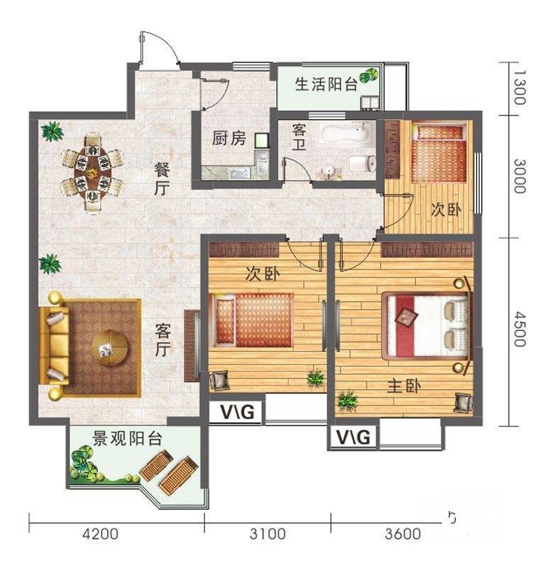 金阳美丽水景城3室2厅1卫107.3㎡户型图