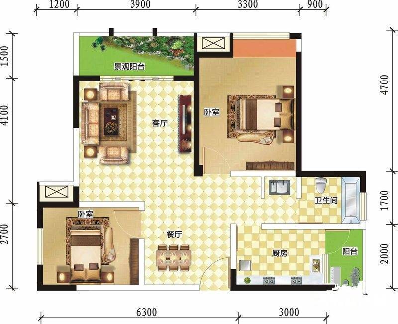 润洲金外滩2室2厅1卫78.7㎡户型图