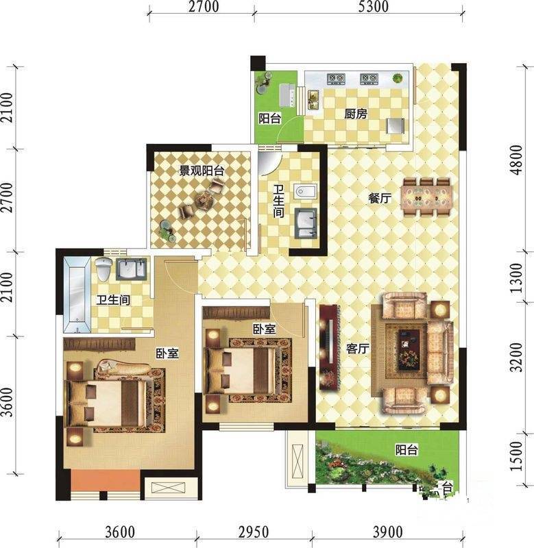 润洲金外滩2室2厅2卫103.4㎡户型图