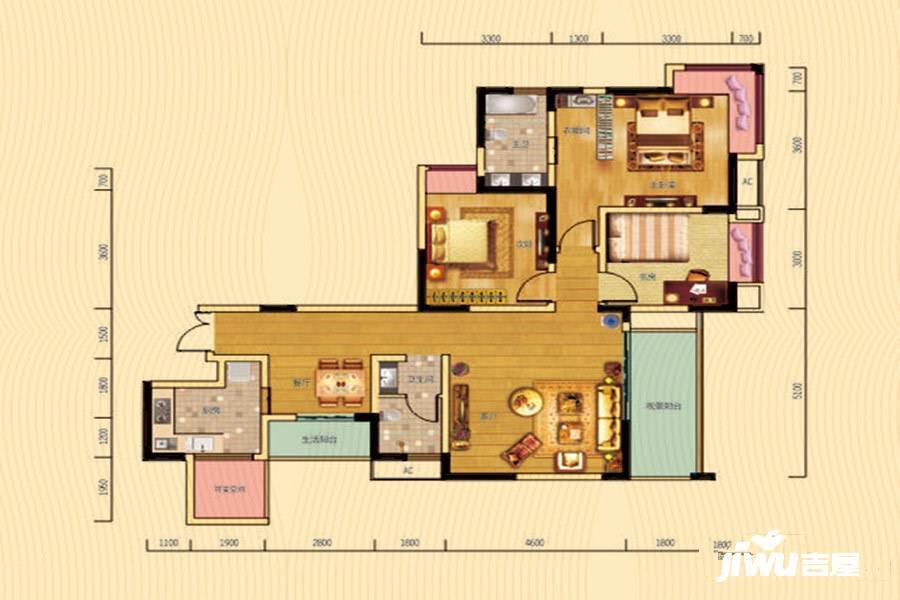 宝龙水岸金城3室2厅2卫122.5㎡户型图