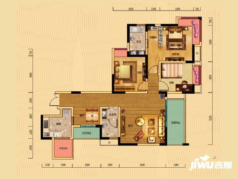 宝龙水岸金城3室2厅2卫125.6㎡户型图