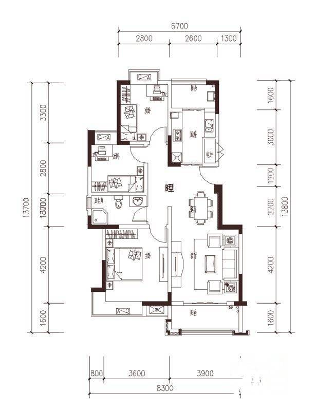 绿洲国际金座3室2厅1卫96.2㎡户型图