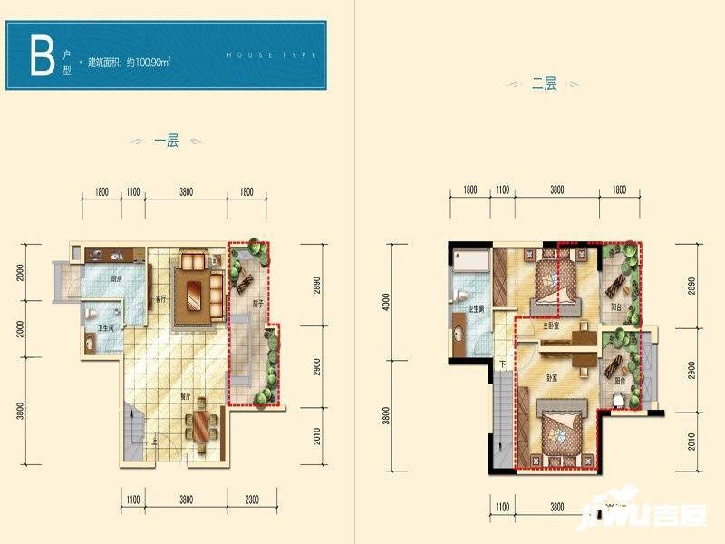 中国电建青云阶2室2厅2卫100.9㎡户型图