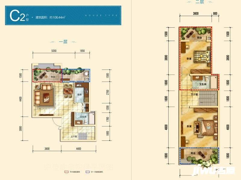 中国电建青云阶2室2厅2卫106.4㎡户型图