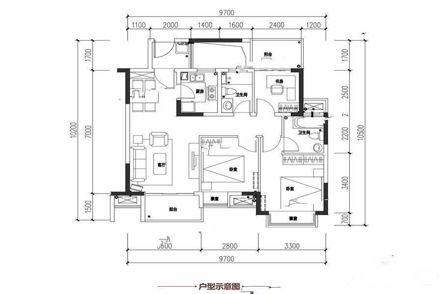 成都万达城3室2厅2卫90㎡户型图