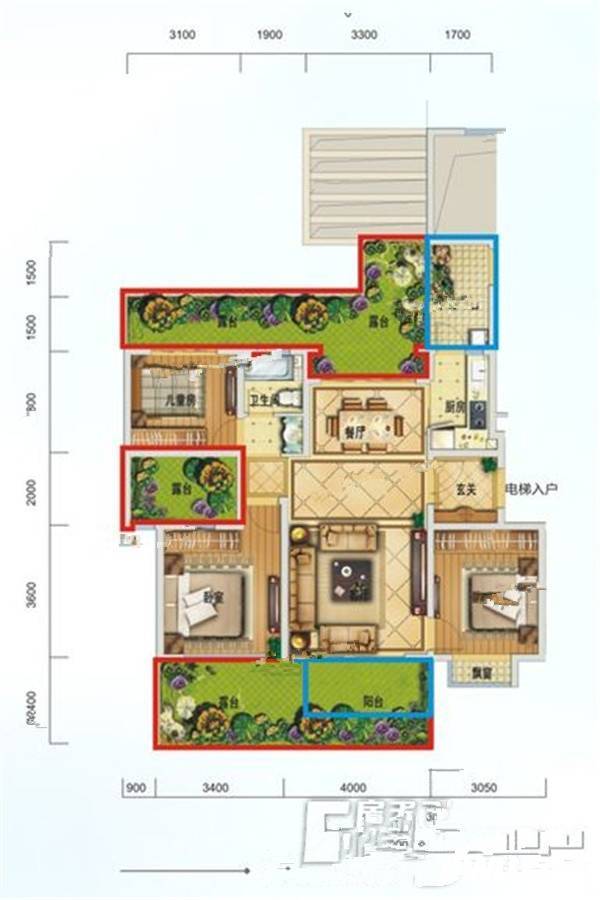 成都万达城3室2厅1卫98㎡户型图