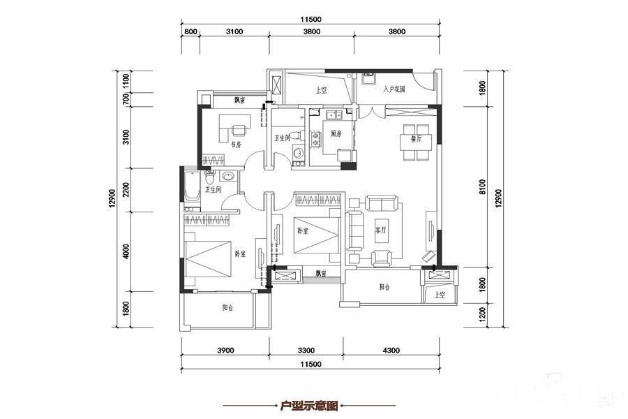 成都万达城3室2厅2卫121.2㎡户型图