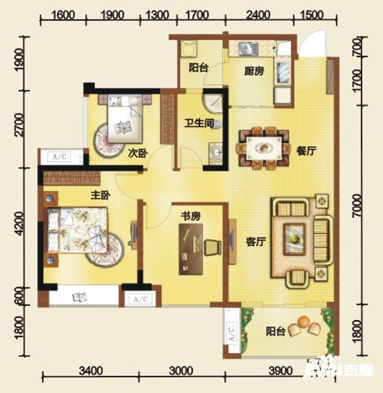 西环财富广场3室2厅1卫91.9㎡户型图