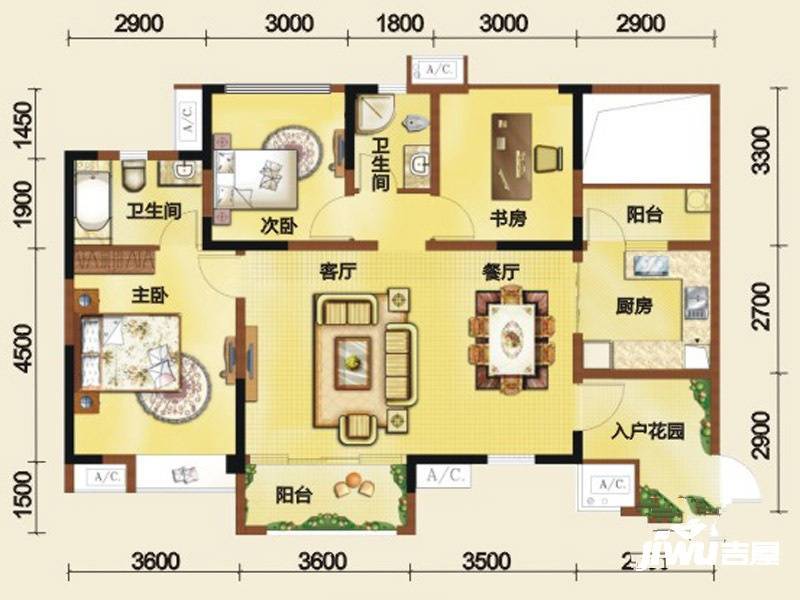 西环财富广场3室2厅2卫108.5㎡户型图