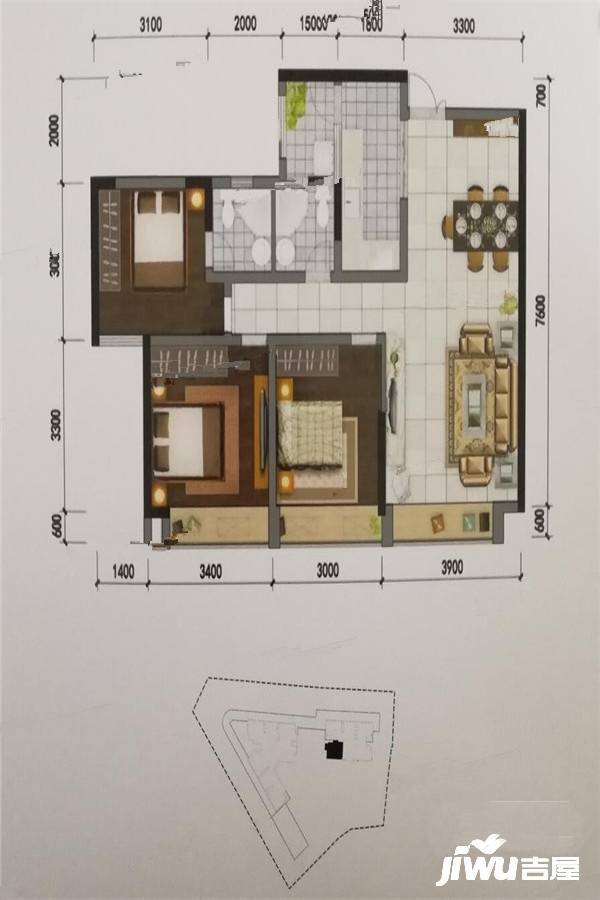 蔚蓝学府3室2厅2卫104㎡户型图