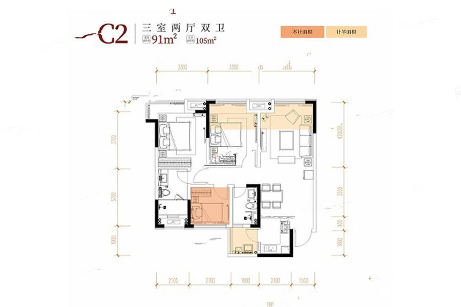 川发蓝光芙蓉天府3室2厅2卫91㎡户型图