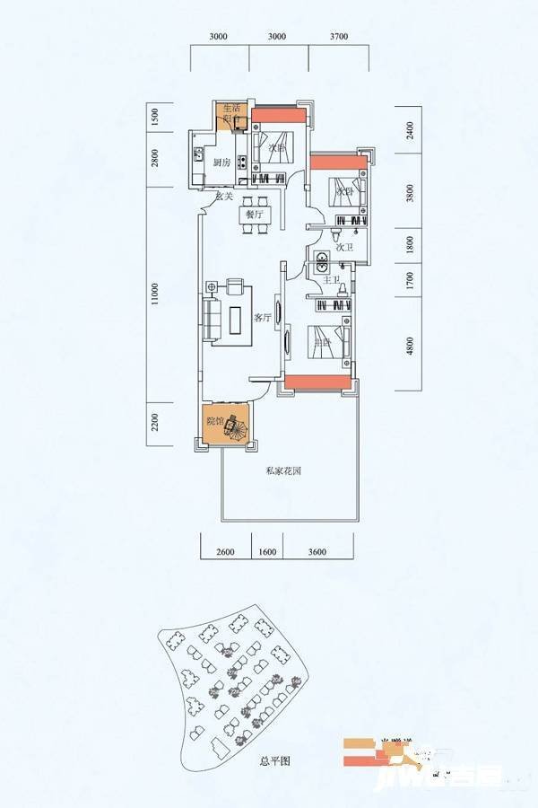花滩国际新城花漫里3室2厅2卫122.7㎡户型图