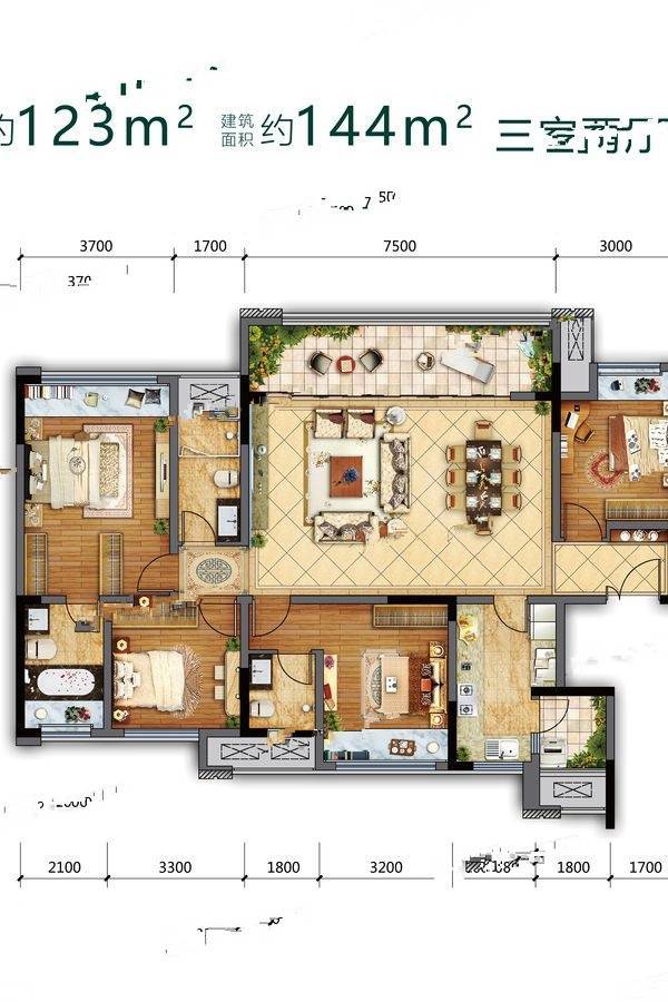 金科集美嘉悦3室2厅3卫144㎡户型图