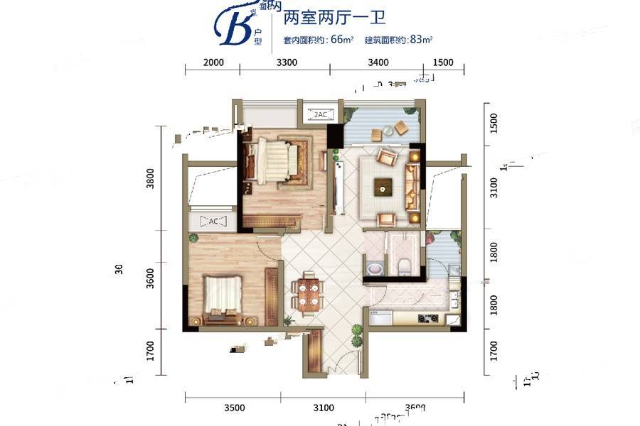 融汇温泉城未来里2室2厅1卫83㎡户型图