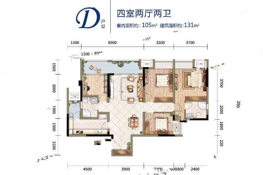 融汇温泉城未来里4室2厅2卫131㎡户型图