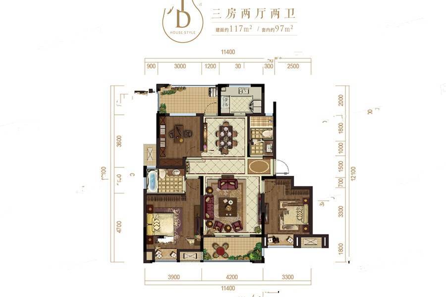 中国摩3室2厅2卫117㎡户型图