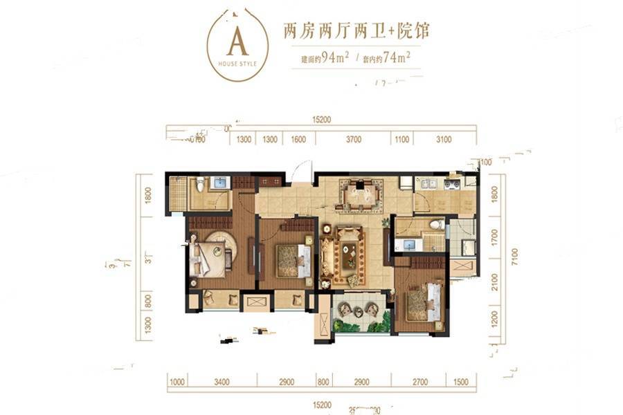 中国摩2室2厅2卫94㎡户型图