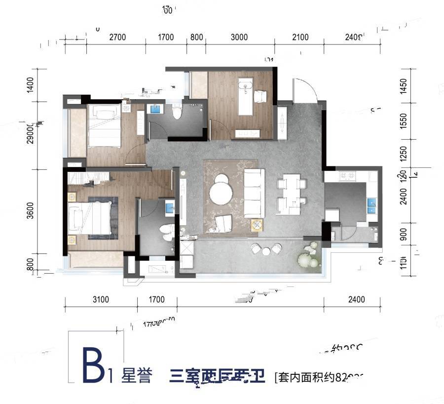 新天泽首誉3室2厅2卫户型图