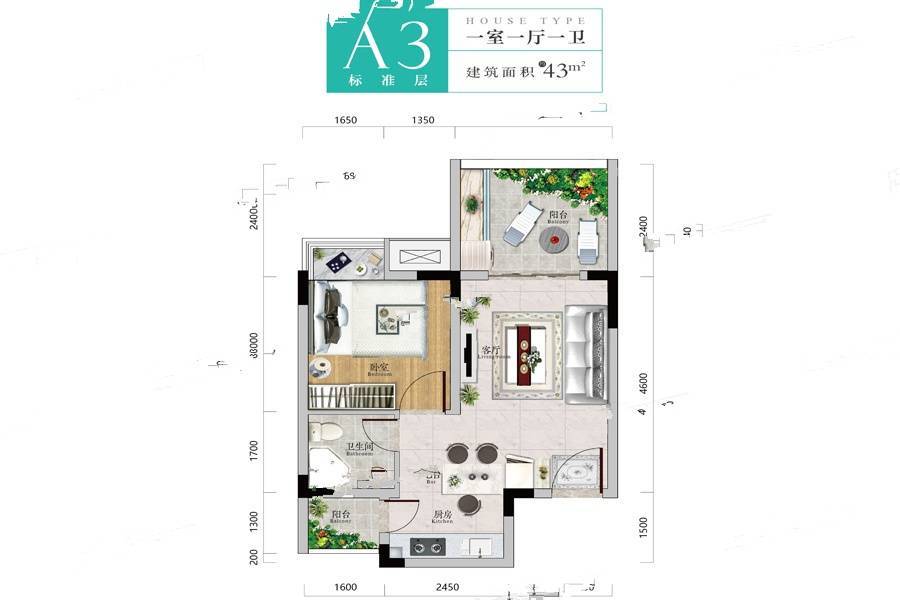 中建雲山小镇1室1厅1卫43㎡户型图