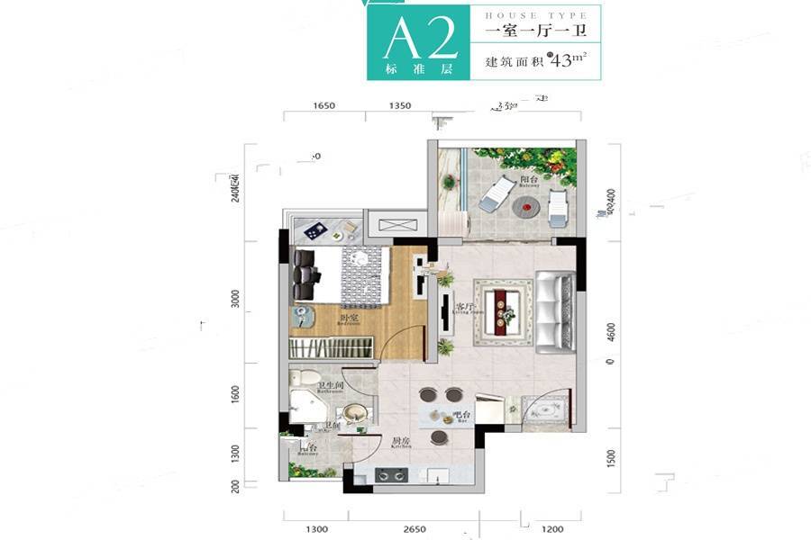 中建雲山小镇1室1厅1卫43㎡户型图