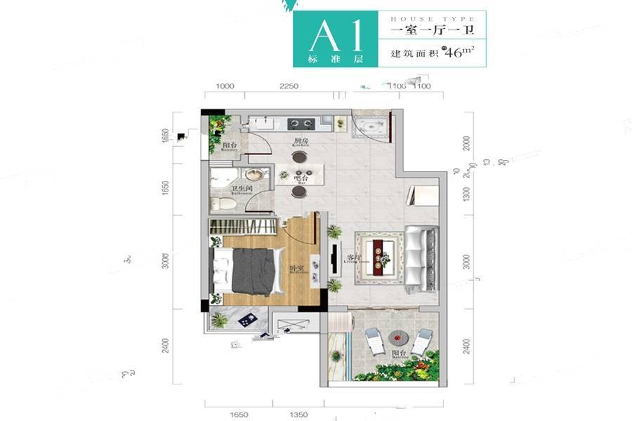 中建雲山小镇1室1厅1卫46㎡户型图