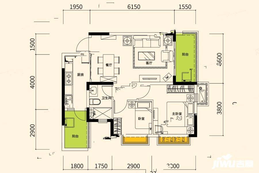 恒大新城2室2厅1卫81㎡户型图