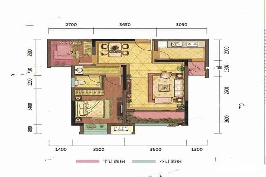 璧山鸥鹏御府2室2厅1卫66.8㎡户型图