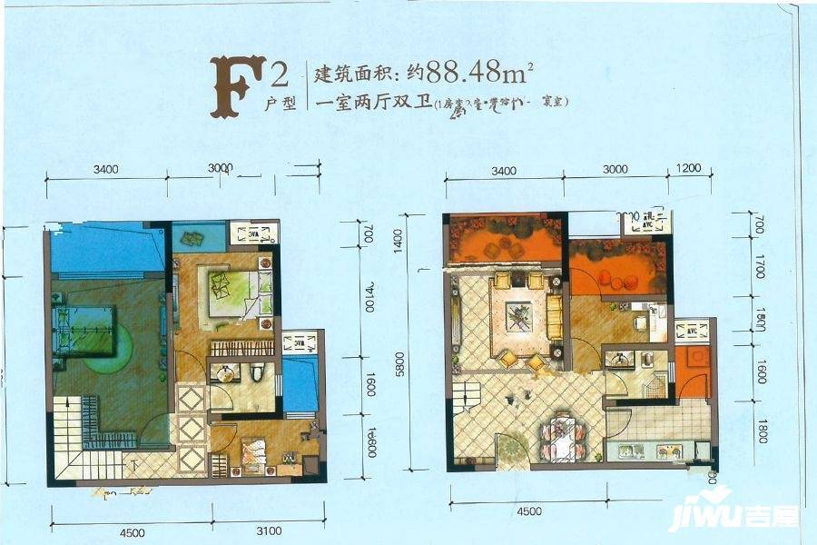 光亮天润城1室2厅2卫88.5㎡户型图